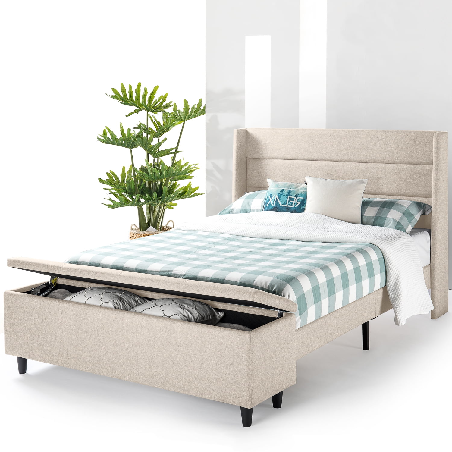 Mellow Peekaboo Upholstered Platform Bed with Wingback Headboard and Storage Bench, Beige, Queen