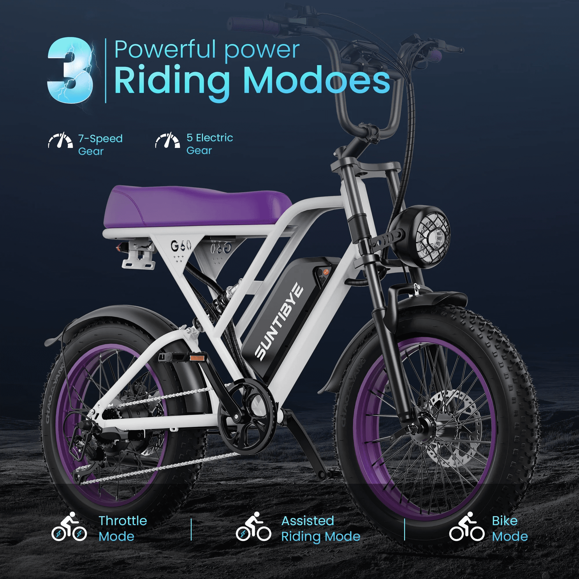 SUNTIBYE G60 Fat Tire Electric Mountain Bike for Adults 20", 1500W 7-Speed Off-road Ebike, 30MPH & 70Miles, 48V 20Ah UL2849