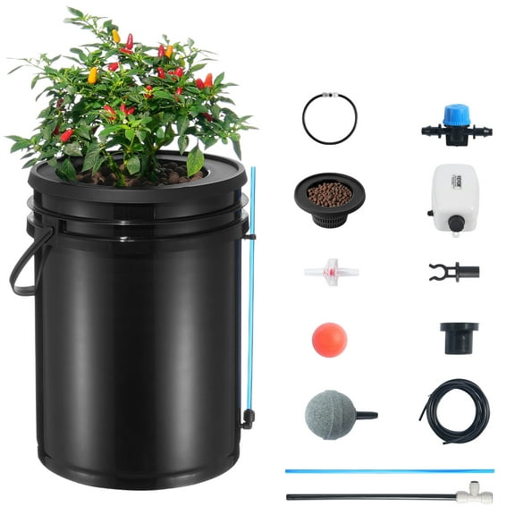 KFFKFF DWC Hydroponics Grow System, 5 Gallon DWC Hydroponics Setup Drip System with Air Pump, Air Stone, Water Level Indicator, and Drip Irrigation Kit for Growing Leafy Greens