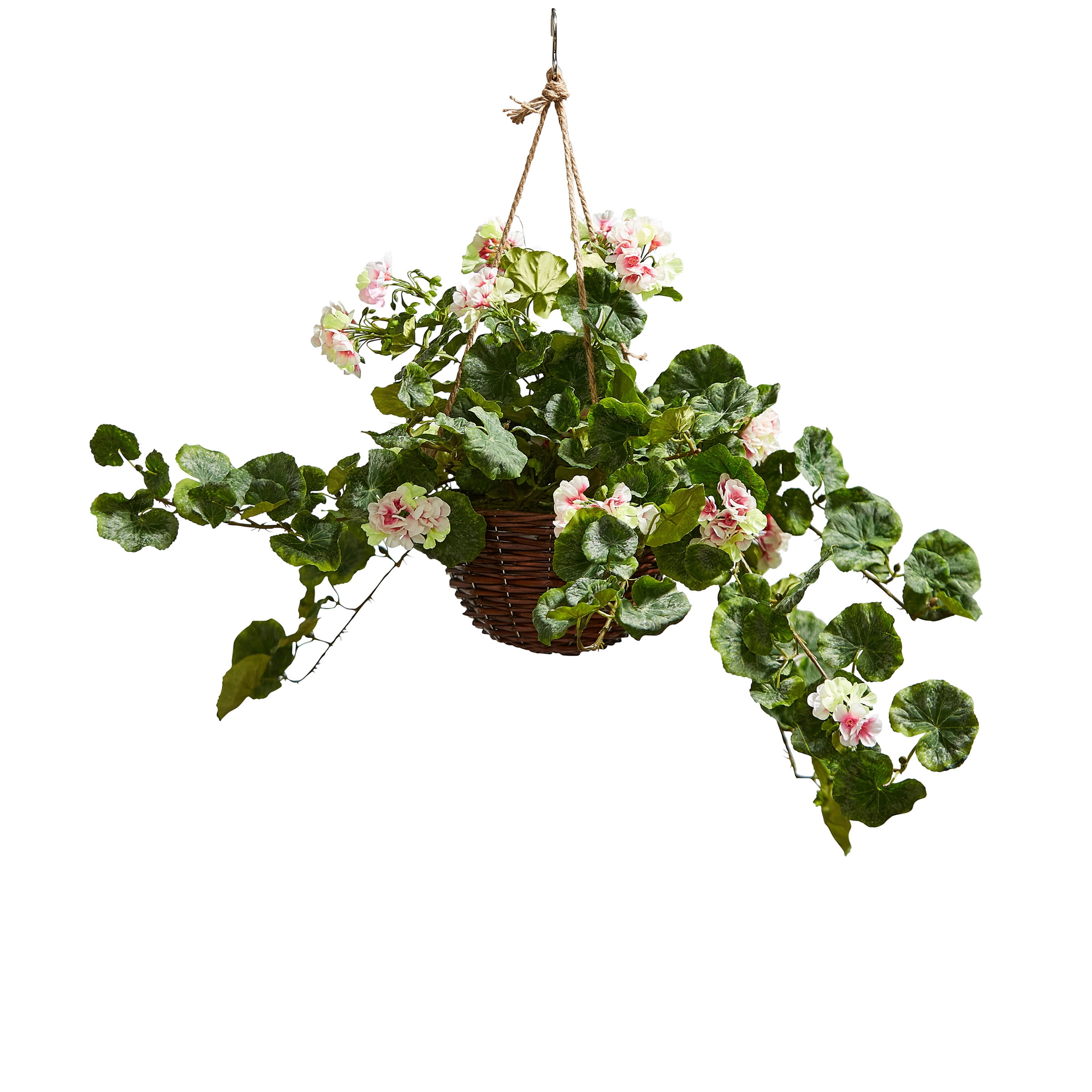 Pure Garden Faux Flowers – Light Pink Geranium Hanging Natural and Lifelike Floral Arrangement with Basket