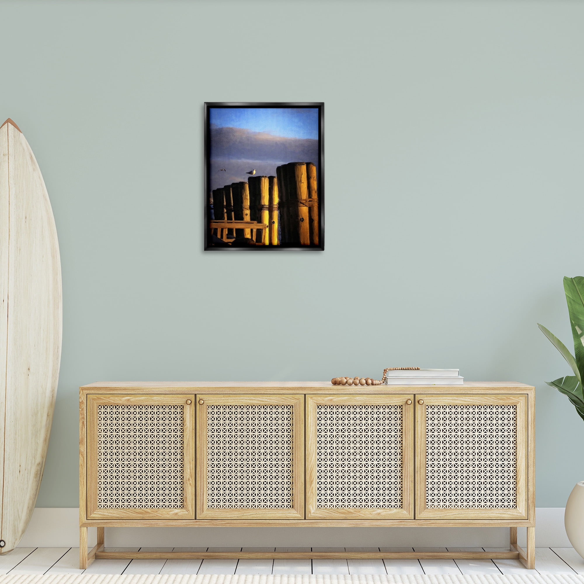 Stupell Industries Seagull Perched on Pier Animals & Insects Painting Black Floater Framed Canvas Art Print Wall Art, 25 x 31