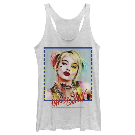 Women's Birds of Prey Harley Quinn Blowing Kiss Racerback Tank Top White Heather Small