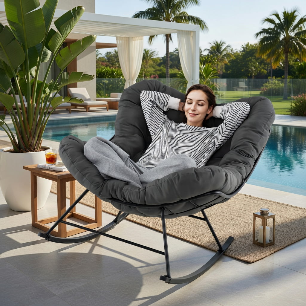 Hommoo Oversized Egg Papasan Rocking Chair with Thick Padded Cushion, Indoor/Outdoor Patio Lounge Chair, Gray
