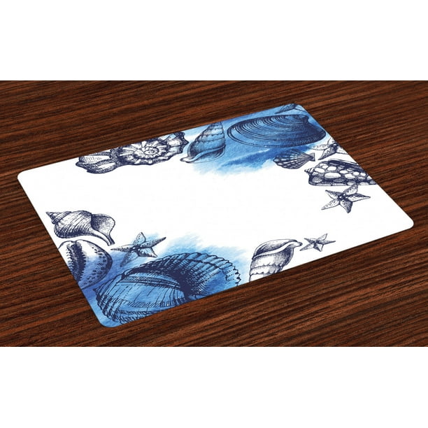 Ocean Placemats Set of 4 Sealife Sea Shells and Sand Stones Deep Water