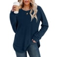 thumbnail image 4 of VISALY Women's Oversized Waffle Blouses Long Sleeve Crew Neck Pullover Tops Fashion Tunic Sweatshirts Loose Fit Dressy Casual Waffle Shirts Trendy Fall Outfit Basic Tee Shirts Dark Blue S, 4 of 7