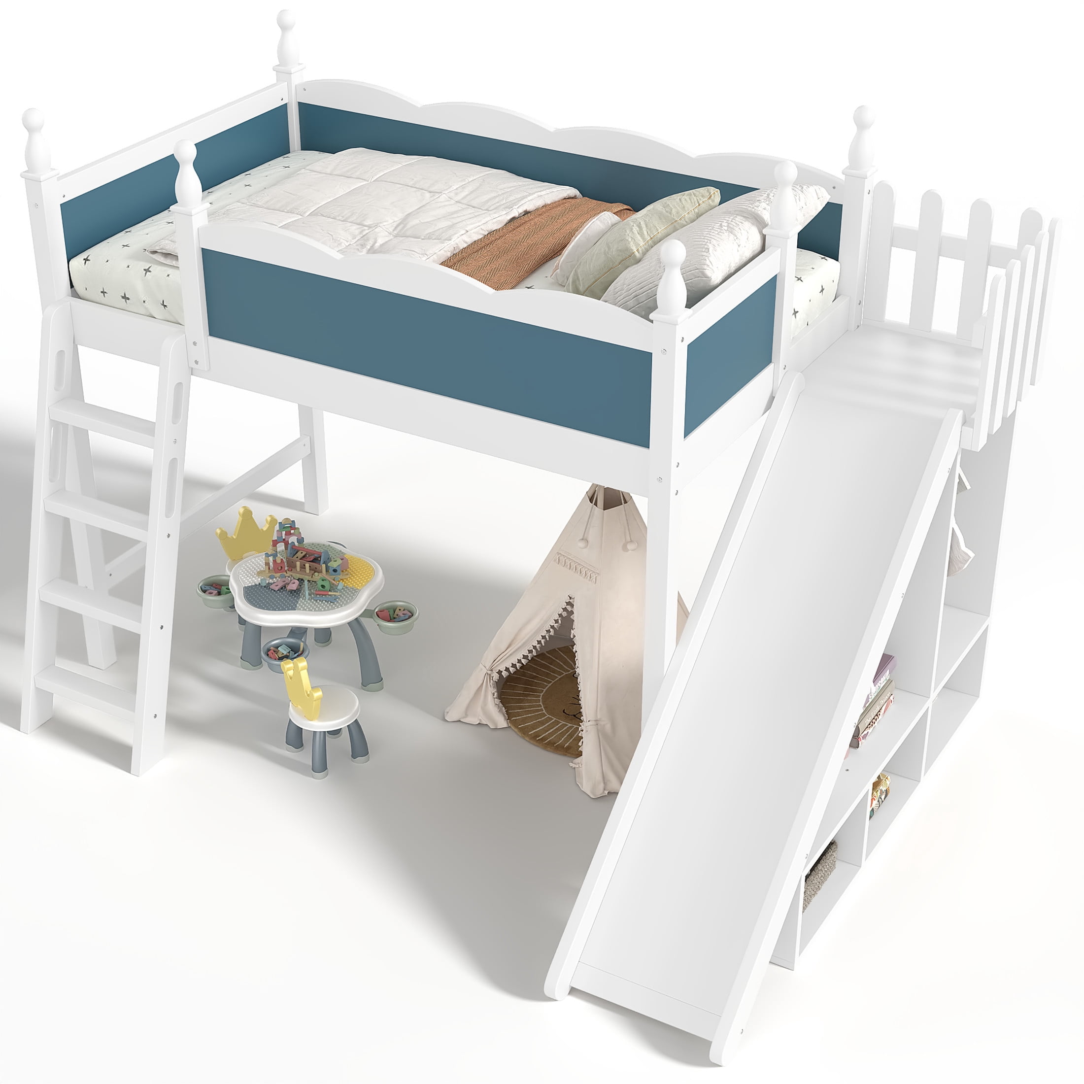 Noble House Twin Loft Bed with Storage Shelves, Detachable Slide and Ladder, White + Blue