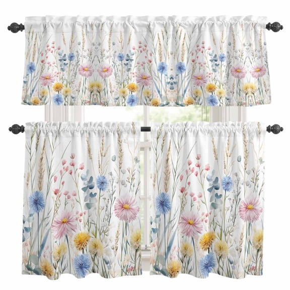 Colorful Spring Floral Kitchen Curtains Sets for Windows 36 Inch Length, Watercolor Summer Botanical Rod Pocket Window Treatments Tier Curtains and Valances Set for Bedroom/Bathroom