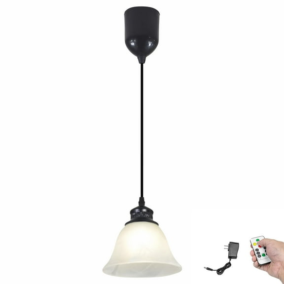 Kiven Battery Operated Pendant Light with Remote Control, 1 Set Rechargeable Hanging Pendant Light Adjustable Height with Frosted Glass Lampshade for Bedroom Kitchen Home Decor TB3511