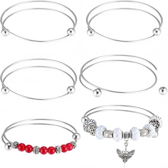 6Pcs Expandable Blank Bangle 304 Stainless Steel Silver Adjustable Wire Bangles Blank Cuff Bracelets with Removable Ball Bead