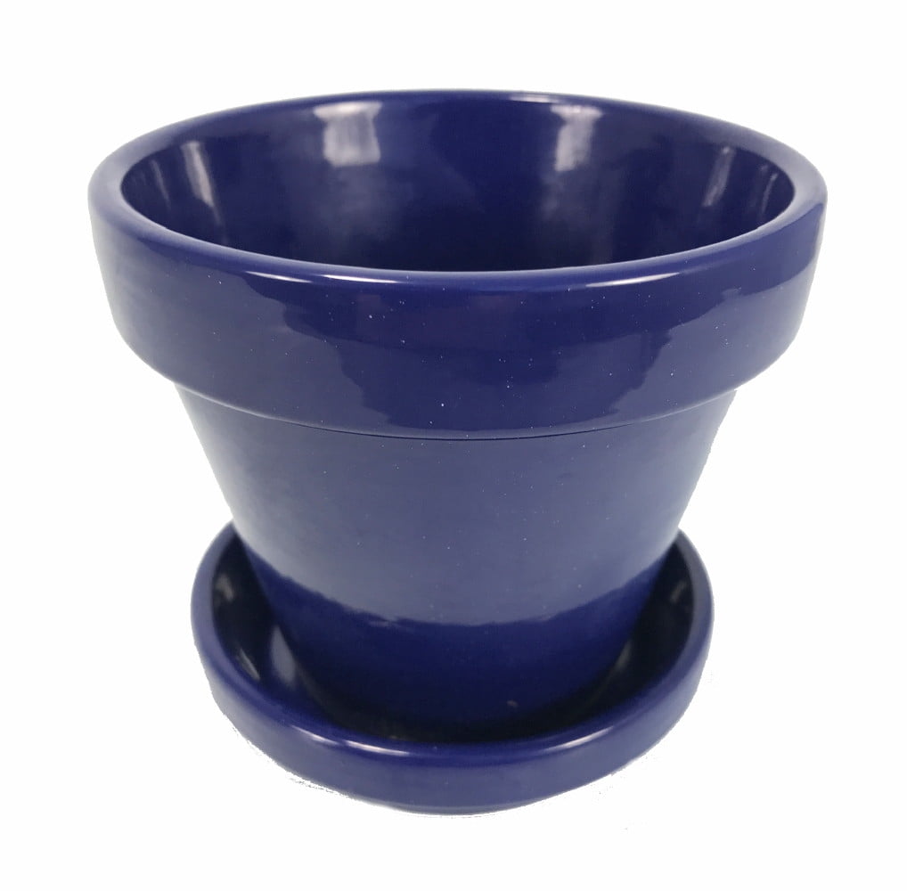 Glazed Ceramic Pot/Saucer Royal Blue 4 1/2" x 3 3/4" with Felt Feet