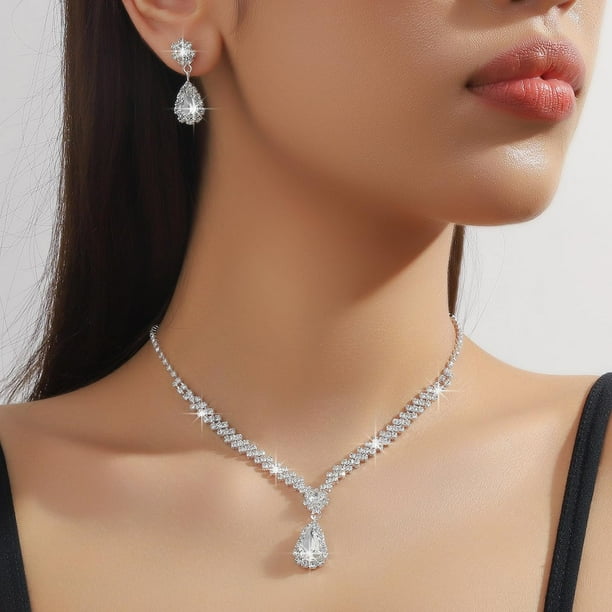 Conjunto de joyeria de boda para dama de honor conjunto de joyeria de plata con diamantes de imitacion collar de cristal para novia pendientes para mujer fiesta de graduacion Bodega Aurrera