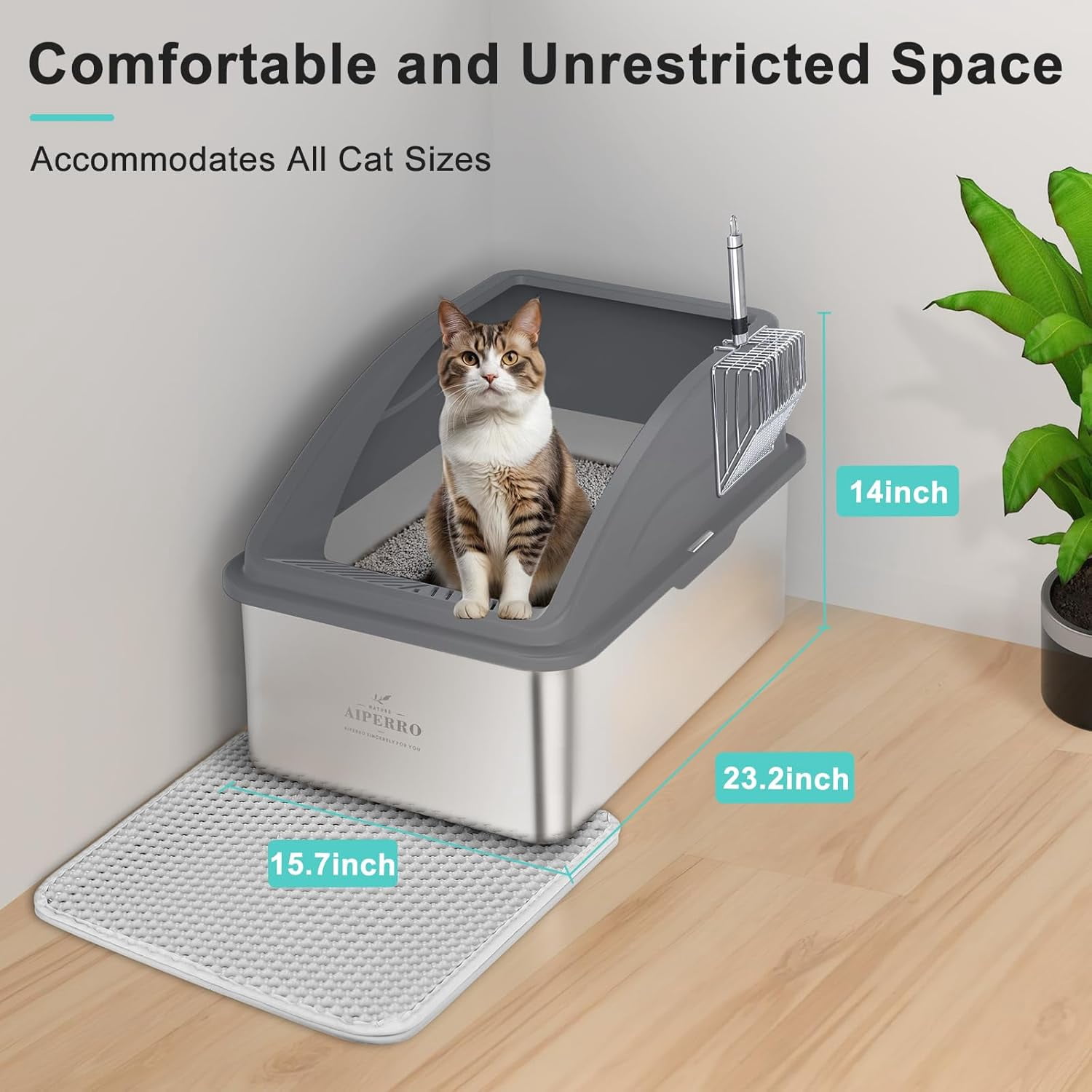Stainless Steel Litter Box | Metal Kitty Litter Box with Lid High Sided for Small Cats or Injured Cats, Bunny Litter Boxes, Low Entry, Odor-Free, Non-Stick,Includes Scoop (Dark Gray, Small)