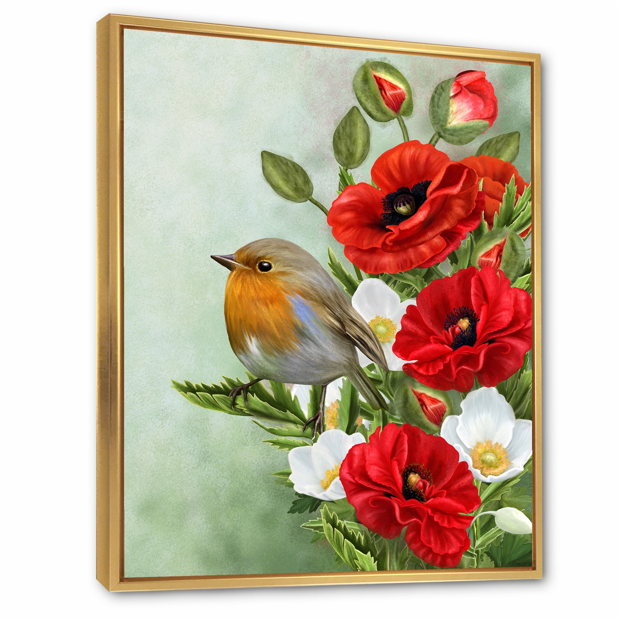 Designart 'Red Poppies and White Anemones With Yellow Bird' Traditional Framed Canvas Wall Art Print