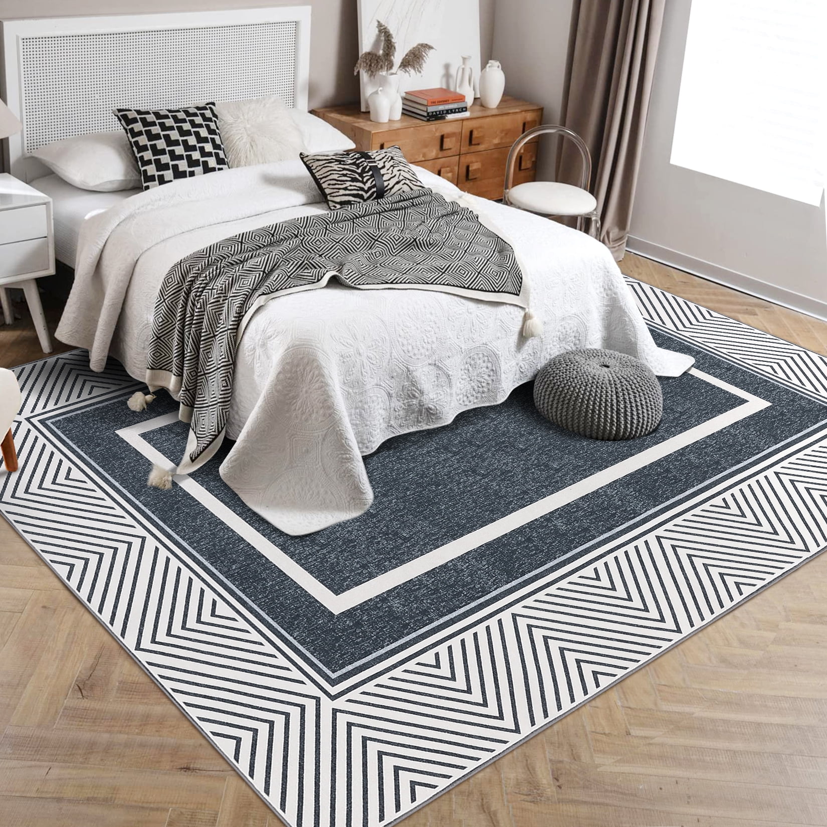 HOMERRY Area Rug 5' x 7' Rugs for Living Room Vintage Geometric bordered Floor Cover, Dark Gray