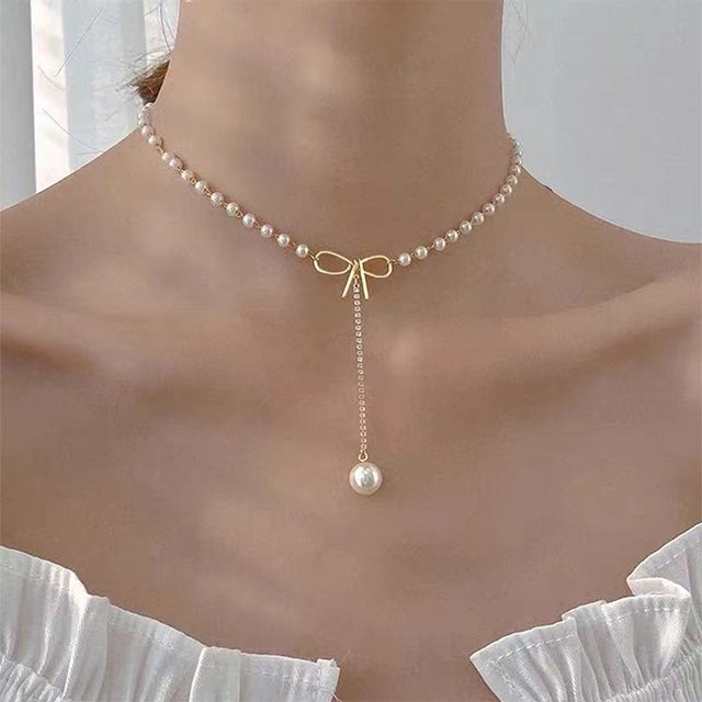 Collar gargantilla elegante JAMW Moda perla arco colgante boda fiesta joyería regalo
