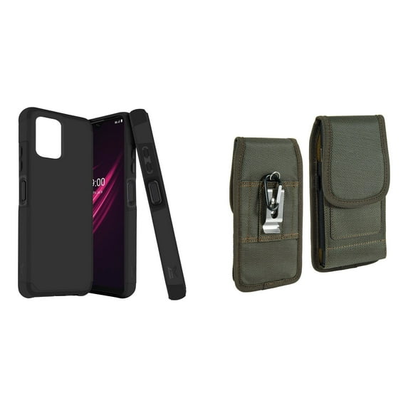 Case and Pouch Bundle for REVVL 6 5G: Dual Layer Slim Case (Black) and Vertical Rugged Nylon Belt Holster (Midnight Green)