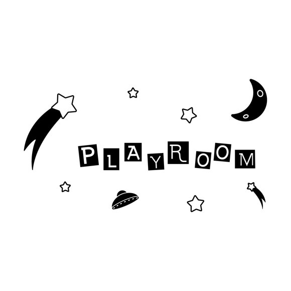 Children Playroom Happiness Sign Wall Decal Decoration Moon And Stars Fun Outer Space Space Ship Lasts Years and Easily Removable - Size: 30 In(W) x 27 In(H)