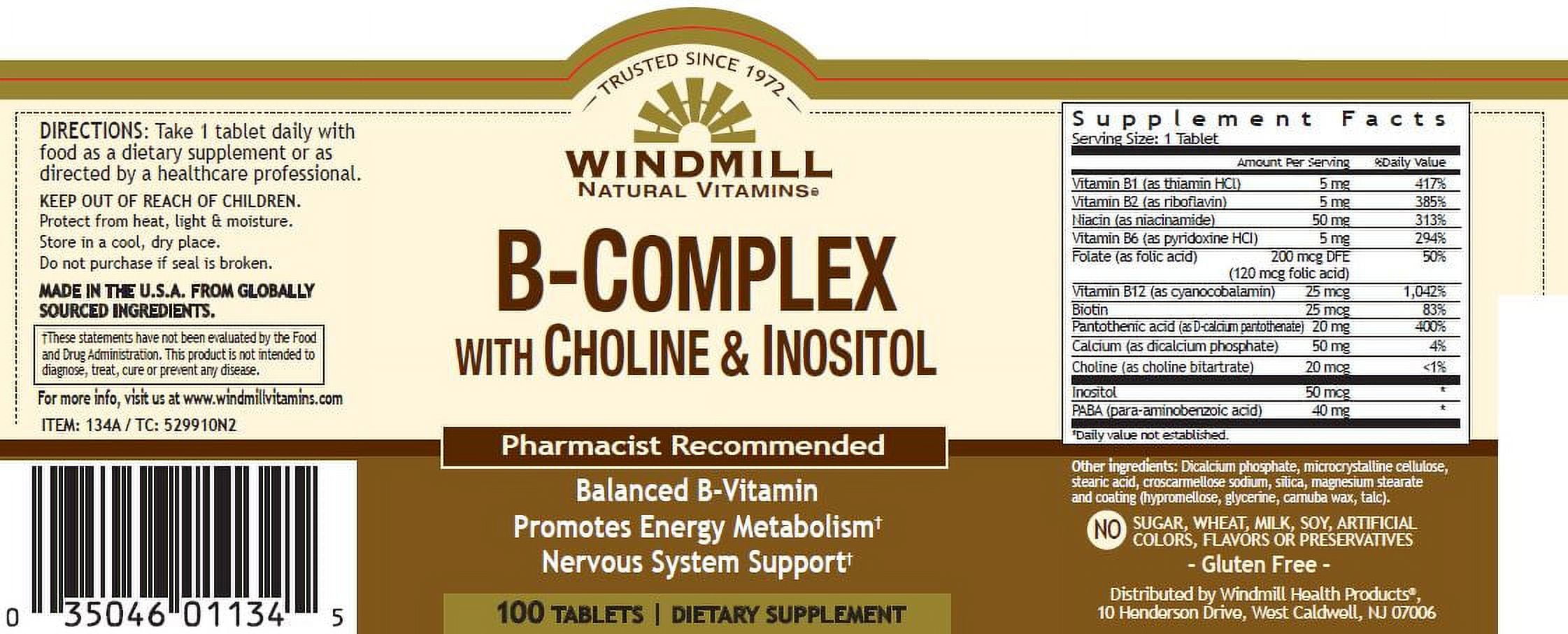 4 Pack - Windmill B-Complex Tablets With Choline and Inositol 100 Tablets
