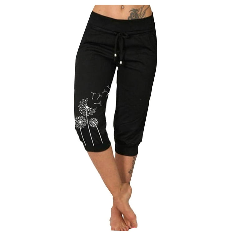 TQWQT Womens Yoga Pants Capri Loose Fitting Yoga Pants Comfy Lounge Workout  Capris Sweatpants with Pockets,Black XL
