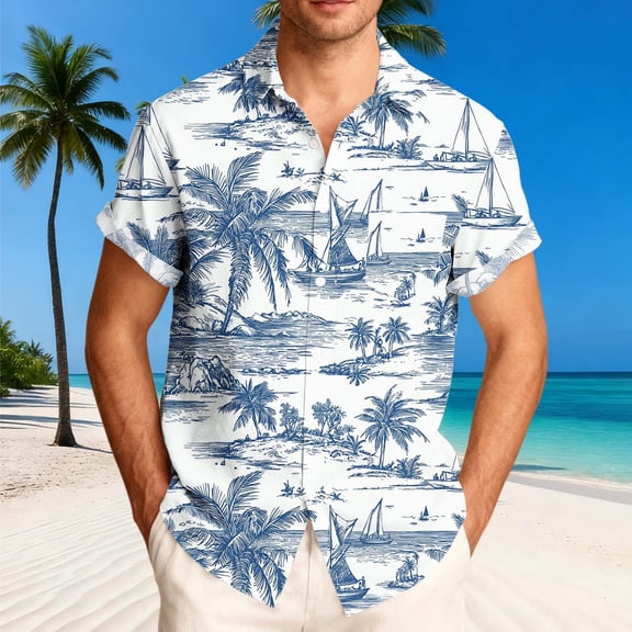 Blmnix Beach Shirts Shirt for Men Guide Oversized Shirts Short Sleeve Blue Collared Cotton Shirts for Men,XXL