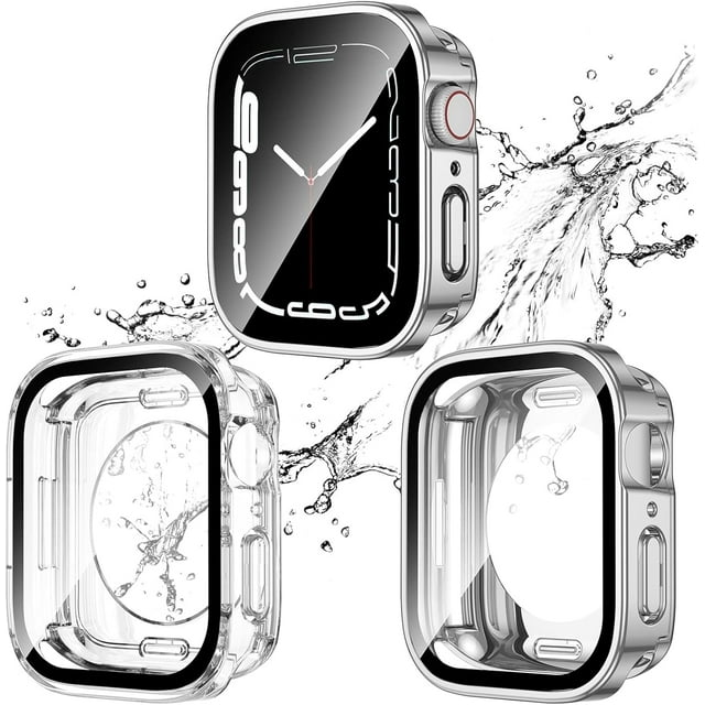 KOMI 2 Pack 2 in 1 Waterproof Case for Apple Watch Series 8 7 45mm, Straight Edge PC Front & Back Bumper with Tempered Glass Screen Protector 360 Protective Cover for iWatch (45mm)