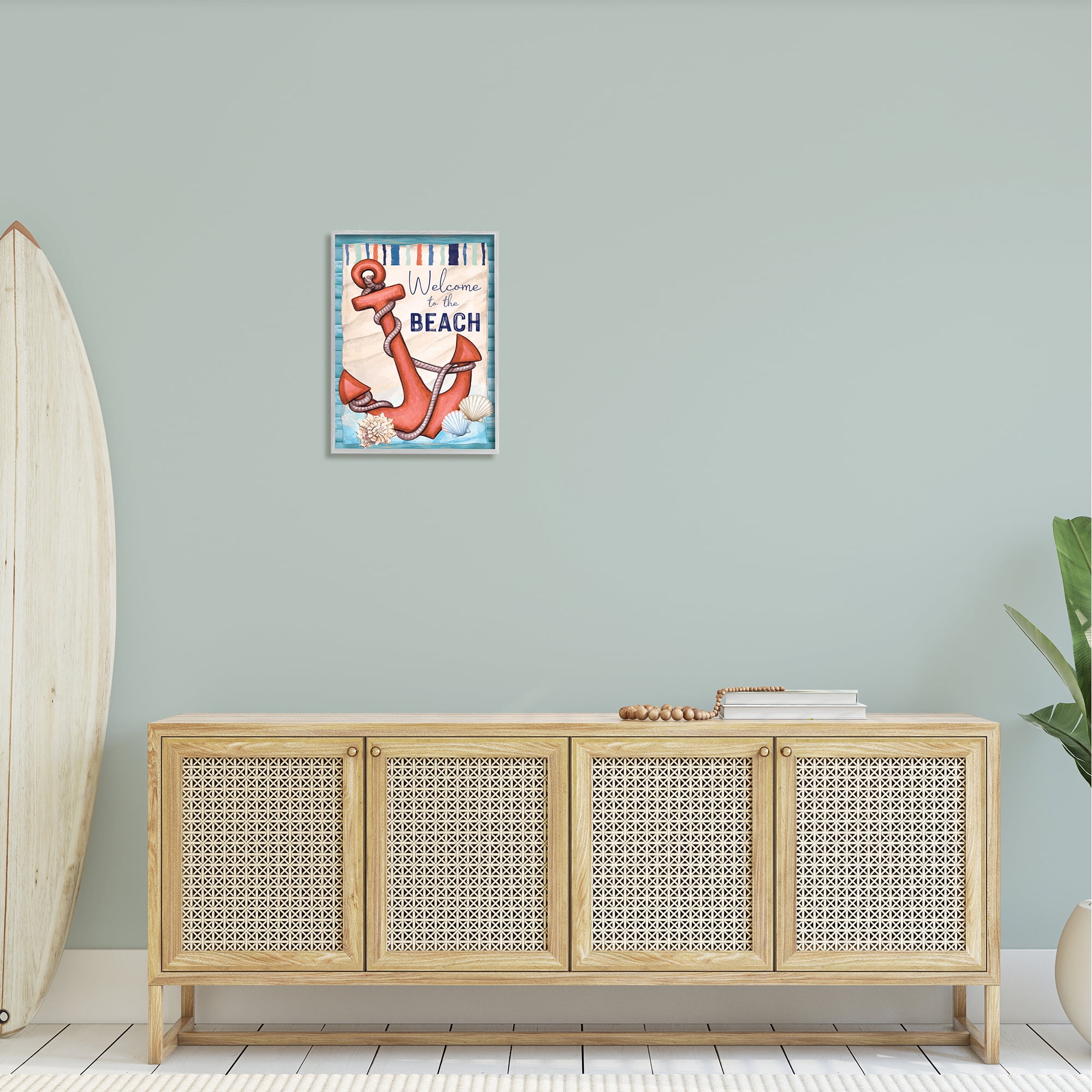 Stupell Welcome To Beach Nautical Anchor Stripes Landscape Painting Gray Framed Art Print Wall Art