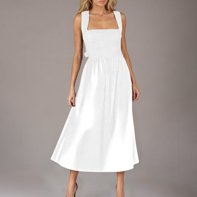 Ovzne Robes pour Femmes Robe pour Femme Mode Femmes Été Décontractée Camis Uni Sans Manches Mi-Mollet Robe d'Été Liquidation