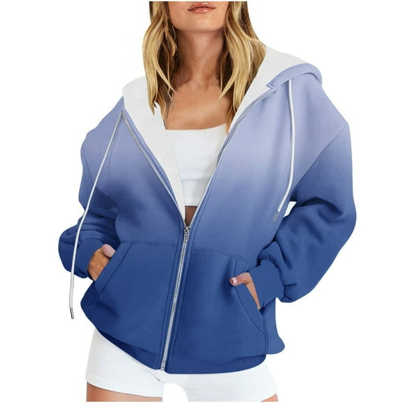 UTSJKR Women's Oversized Gradient Hoodies Full Zipper Long Sleeve Pullover Sweatshirt Fleece Lined Warm Jacket 2024 Fashion Winter Outwear Blue XXXL
