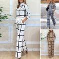 thumbnail image 2 of Quixlent 2 Pcs/Set Lady Top Pants Suit Half-high Collar Plaid Printing Long Sleeves Loose Blouse Elastic High Waist Wide Leg Trousers with Pockets OL Commuting Style Outfit, 2 of 7