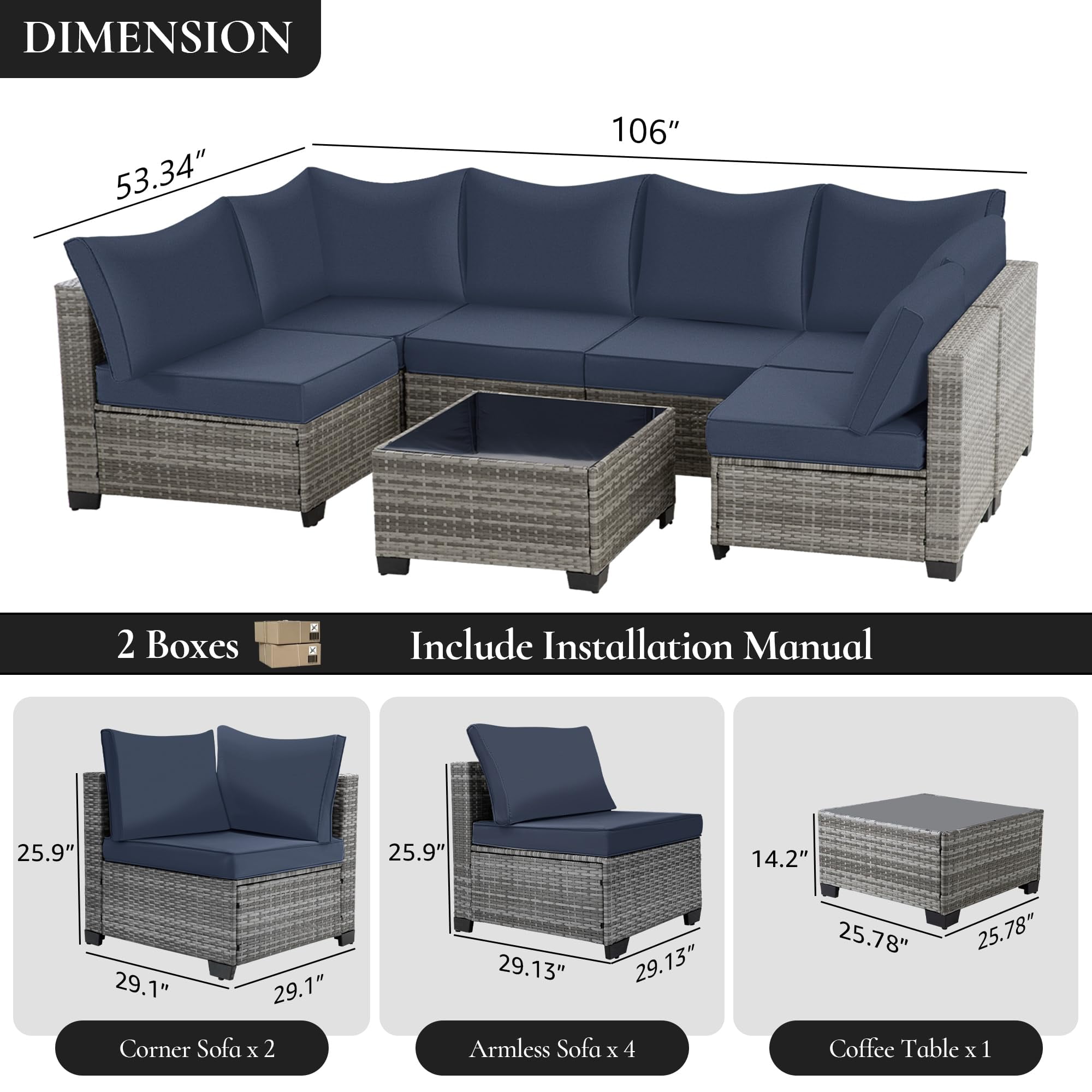 FHFO 7 Pieces Outdoor Patio Furniture Set, Outdoor Sectional Wicker Sofa with Thick Cushions All Weather Modular Rattan Conversation Couch for Outside Porch Garden Backyard Grey-Navy Blue