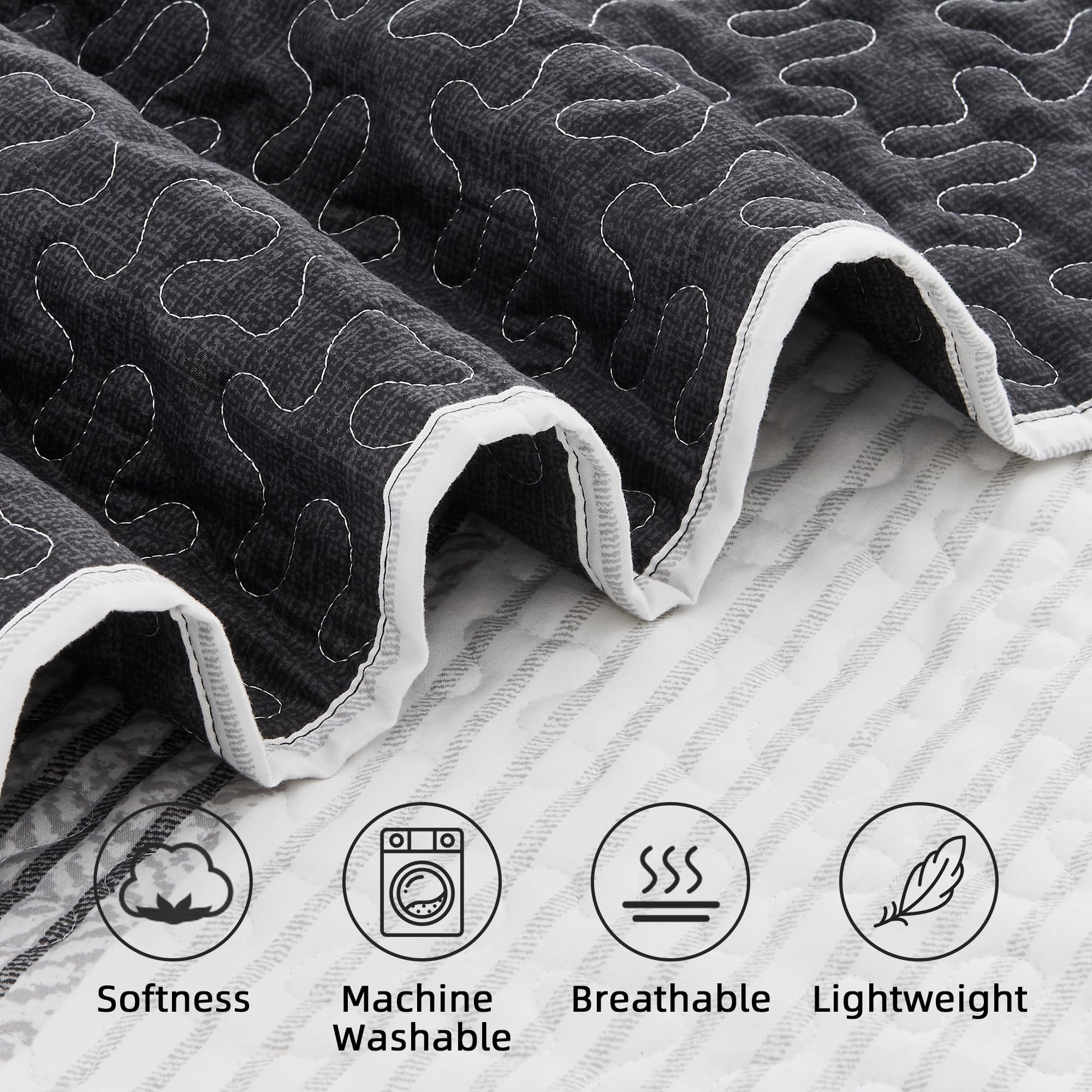 ANGENIA Queen Quilt Bedding Set Black and White, 3 Pieces Patchwork Striped Ultra Soft Lightweight Bedspreads, Coverlets Set with 2 Pillow Shams for All Seasons (90"x96")