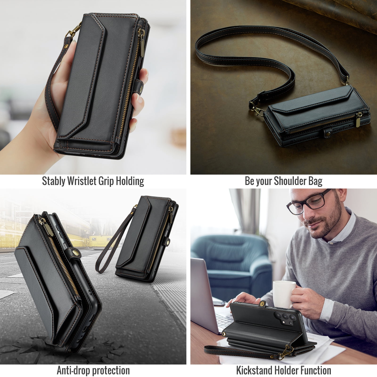 Compatible with Samsung Galaxy A32 5G 2021 6.5 inch Zipper Wallet Phone Case Tempered Glass Screen Protector Crossbody Lanyard Strap Flip Card Holder Slot Cell Cover for M32 G5 A 32 32A Women Black