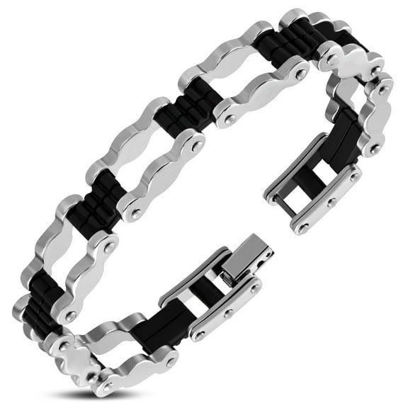 Stainless Steel Black Silver-Tone Two-Tone Mens Link Chain Bracelet, 8"
