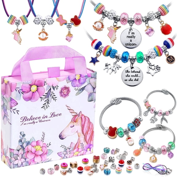 COO&KOO Charm Bracelet Making Kit, Unicorn Girls Toys Ages 8-11, Gifts for 6 7 8 9 10 11 12 Year Old Girl Birthday Gift, Arts and Crafts Kit for Kids Ages 6-8, Jewelry Making Kit for Kids Girls