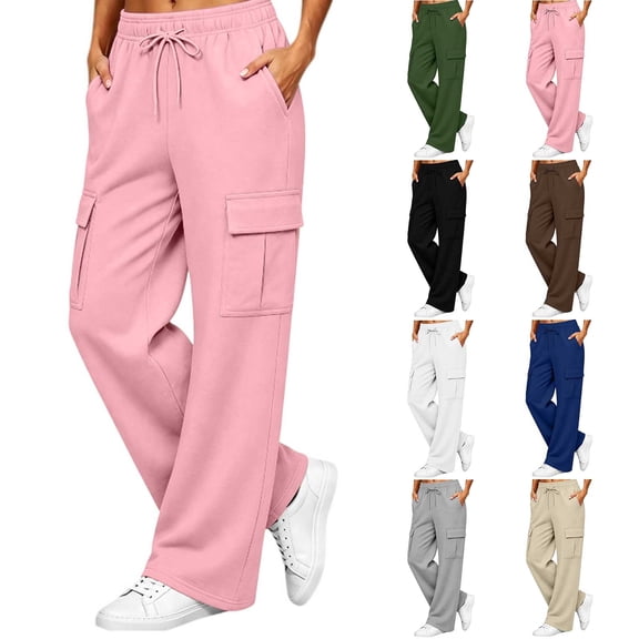 Women's Fleece Lined Cargo Pants Elastic Waist Drawstring Wide Leg Casual Lounge Trousers Cozy Fall Winter Jogger Pants with Pockets White