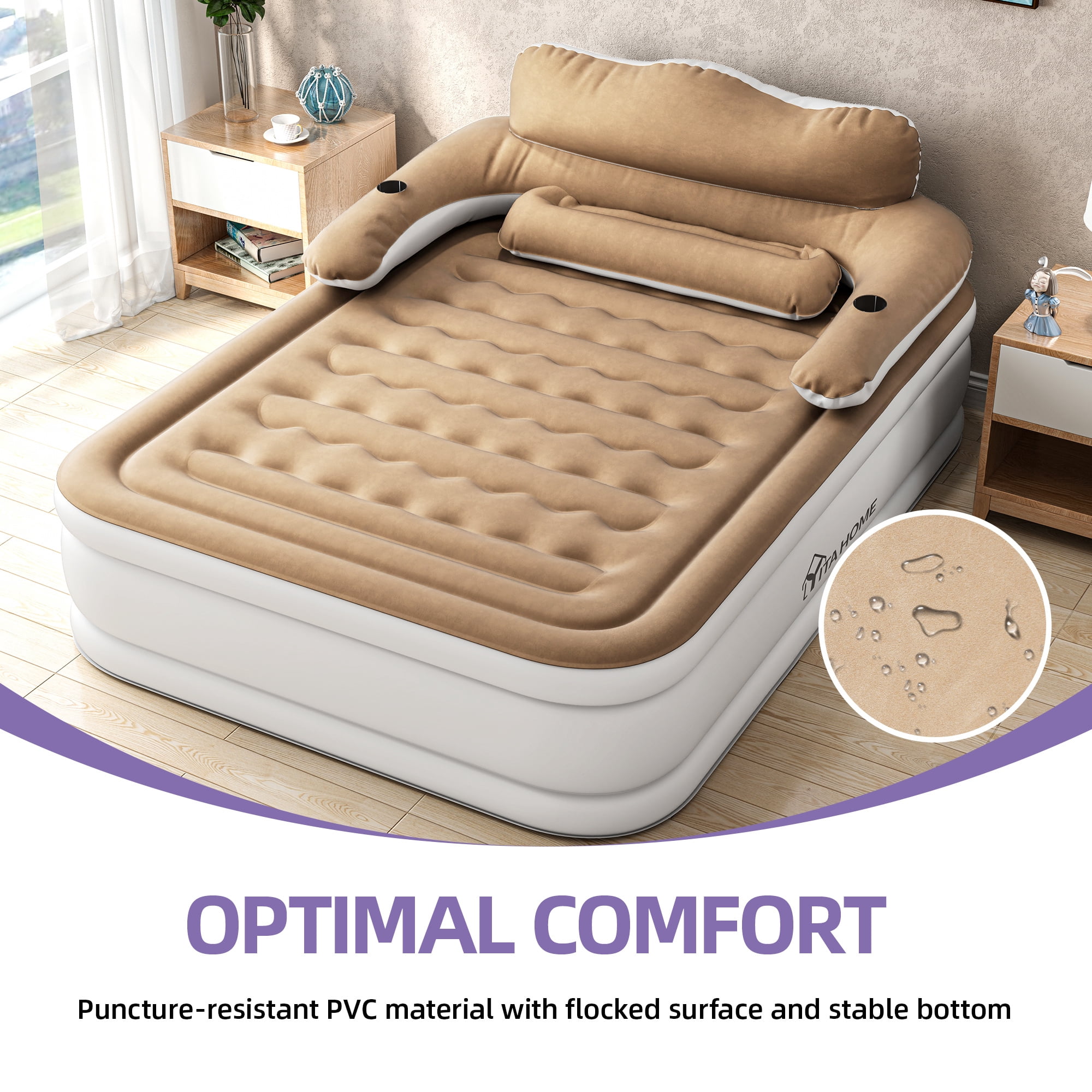 Uforic Queen Size Inflatable Air Mattress 18in Height with Headboard & Built-In Electric Pump, Carry Bag & Extra Nozzles for Home Camping Travel, Brown