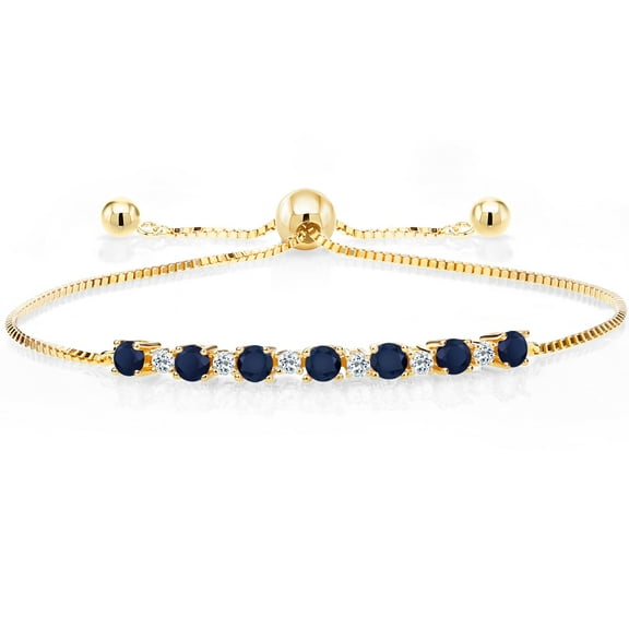Gem Stone King 18K Yellow Gold Plated Silver Round Blue Sapphire and White Topaz Tennis Bracelet for Women | 1.34 Cttw | Gemstone Birthstone | Adjustable Bolo Bracelet for Women | Easy-On Easy-Off