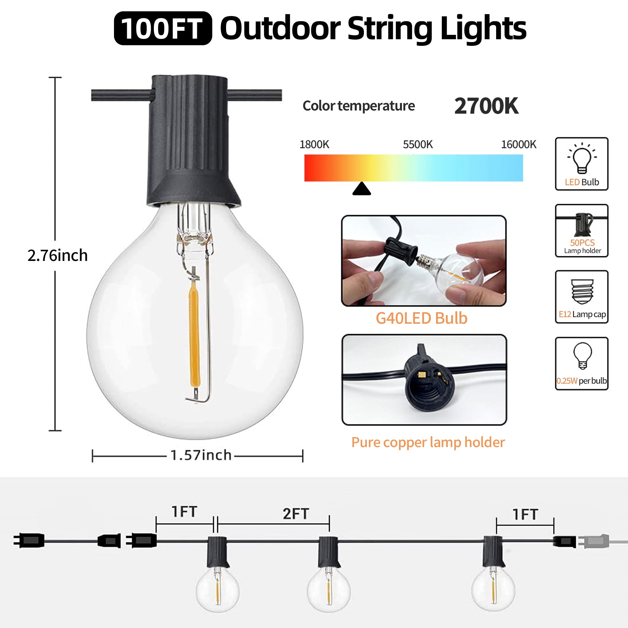 PHOPOLLO G40 LED Outdoor String Lights 100FT, 50 Bulbs 2700K Shatterproof, Waterproof, Hanging Decoration Lights for Porch, Deck, Garden, Backyard, Balcony,Patio.