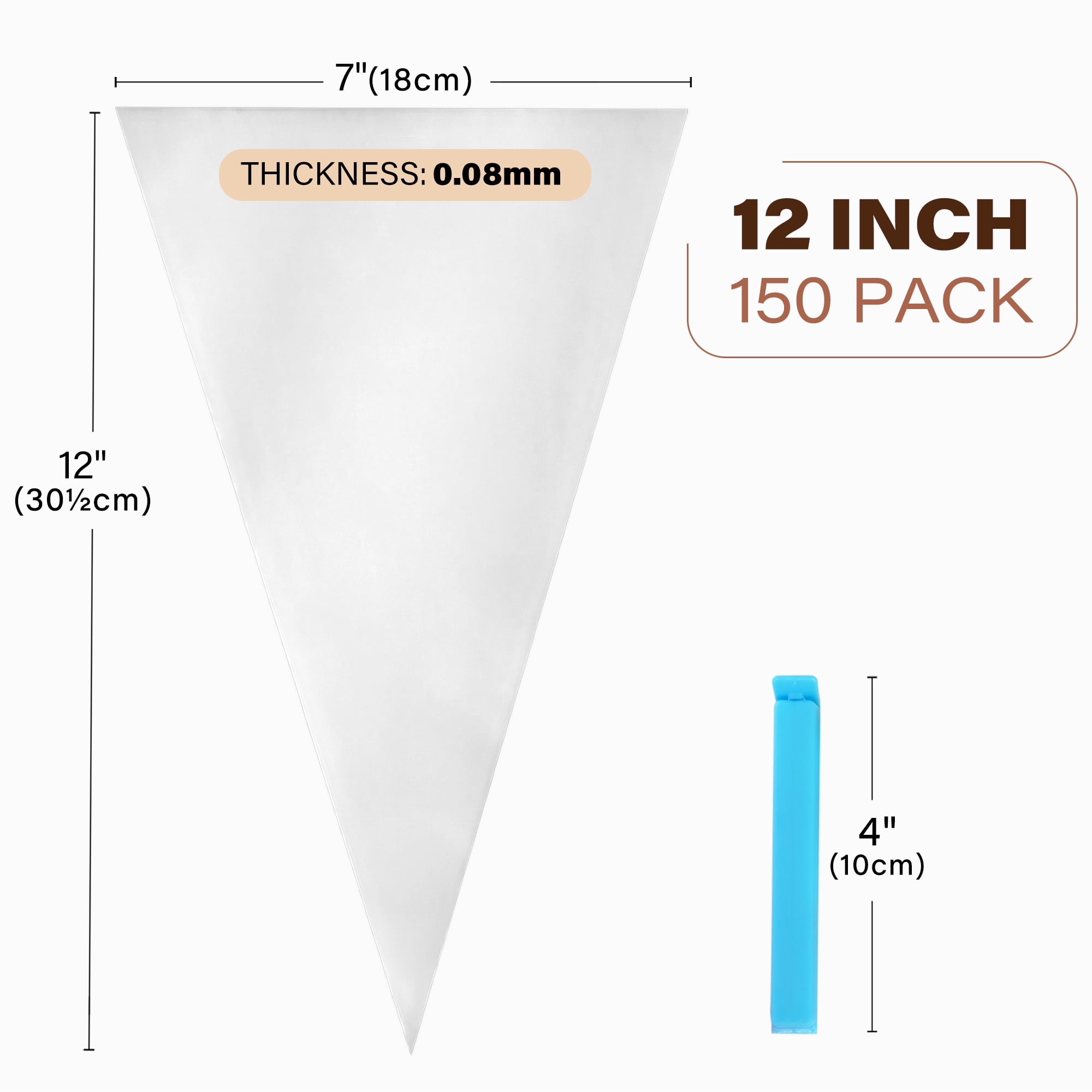 LotFancy Piping Bags, 150 Pcs 12" Disposable Pastry Bags & 5 Clips, Thick Icing Bags, Non-Slip