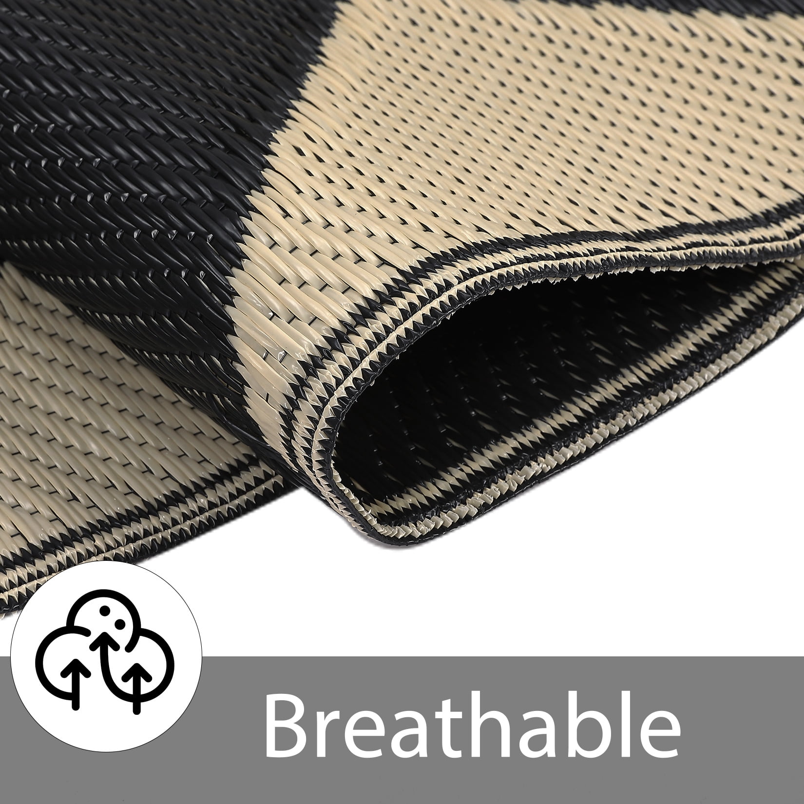 ZACOO Outdoor Reversible Mats Geometric Plastic Straw Rug Waterproof 9x12 Feet Reversible Patio Rug Outdoor Camping Rug for Beach, Black/Brown