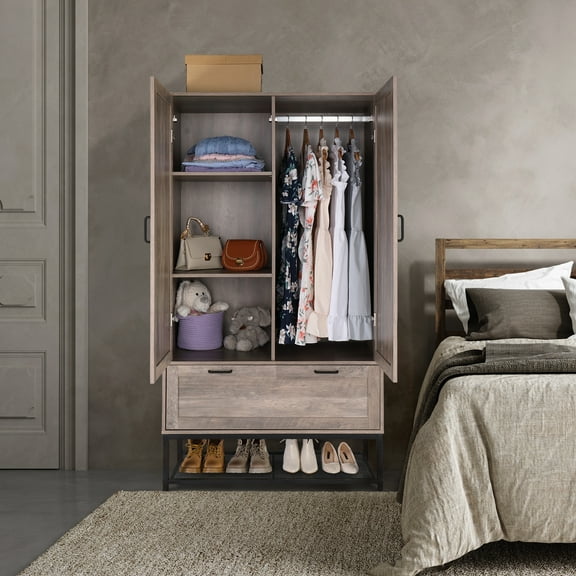 Ktaxon Wood Family Wardrobe/Armoire/Closet, Retro Brown,Clothing Rods Included