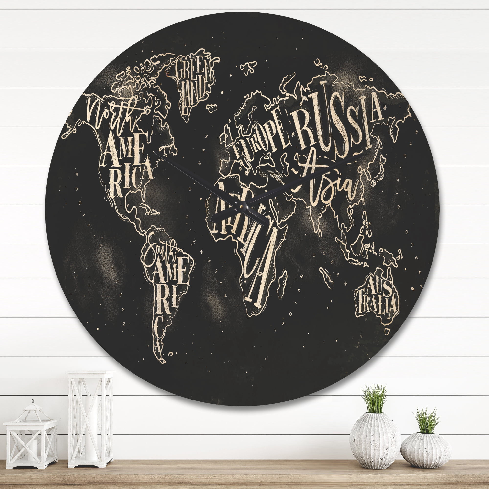 Designart 'Traditional Chalk Worldmap ' Modern Wood Wall Clock