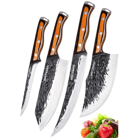 Naitesen 4 Pcs Couteau de Boucher Forgé à la Main et Couteau de Cuisine 2 en 1 Ensemble, Couteau de Chef Serbe Robuste Couteau à Désosser pour Couper la Viande Cadeaux BBQ pour Hommes Femmes