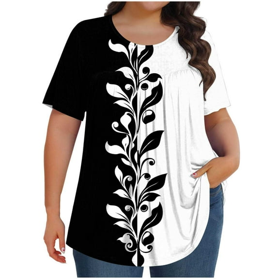 FAHXNVB Women's Plus Size Crewneck T-Shirts Short Sleeve Soft Cotton Floral Print Pleated Tees Tops Spring Summer Fashion Comfortable Loose Shirts,L,Black
