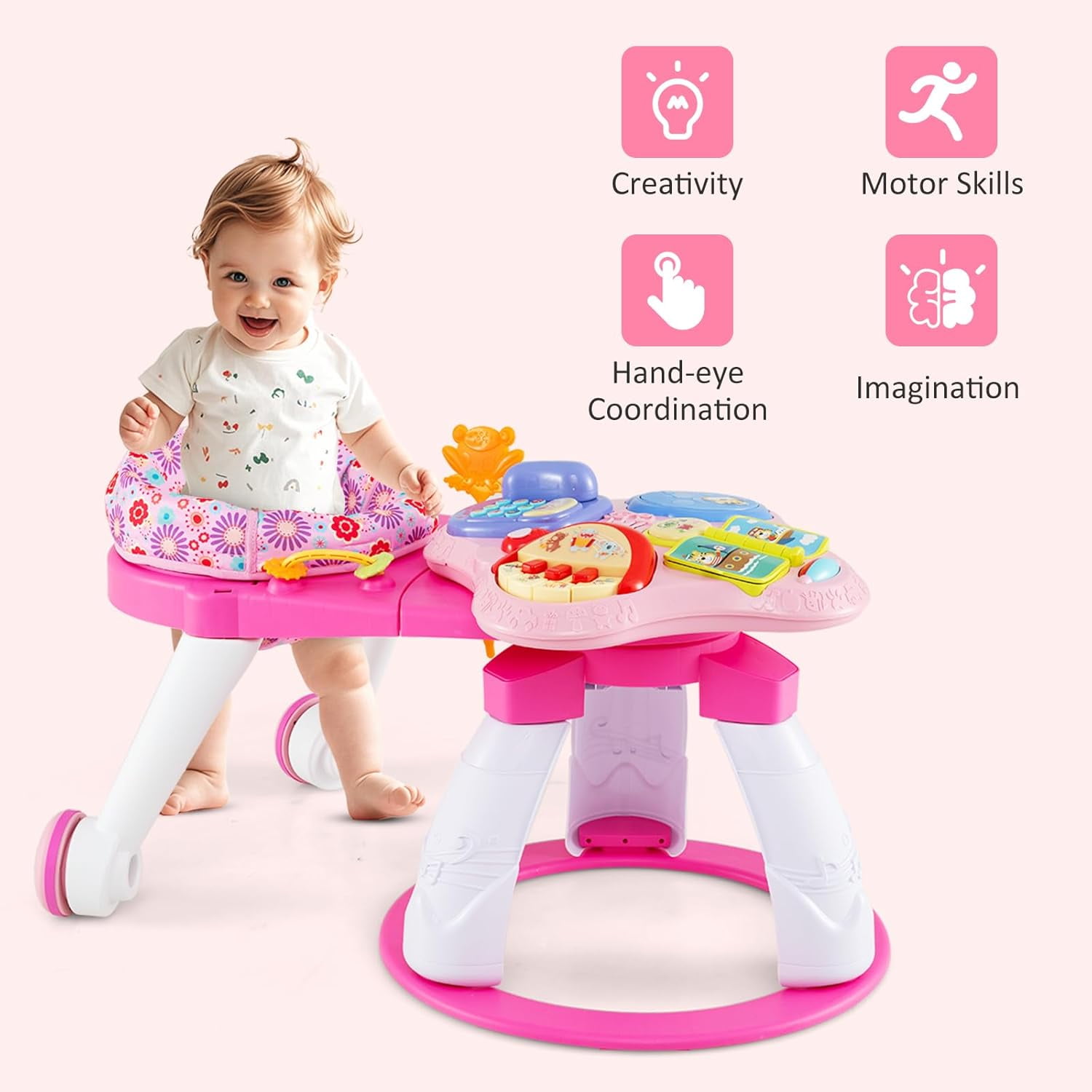 OLAKIDS 3 in 1 Walk Around Baby Activity Center, Baby Walker with Play Table, Wheels, Detachable Seat Cushion, 3 Adjustable Heights, Learning Toys for Boys Girls Aged 6-36 Months
