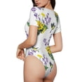 thumbnail image 3 of KLL Women 's Crew Neck Bodysuit Jumpsuits Lavender Flowers Print Short onesies Stretch T Shirts, 3 of 7