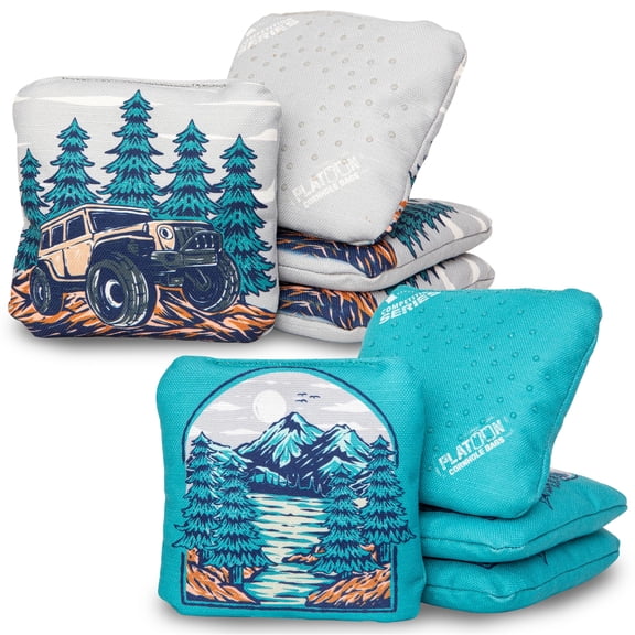 Play Platoon Competition Cornhole Bags Set of 8, Regulation Professional Weight Double Sided Slick and Sticky Defense Dot Pro Corn Hole Bean Bags, Composite Resin Pellets - Jeep Mountain Pass Print