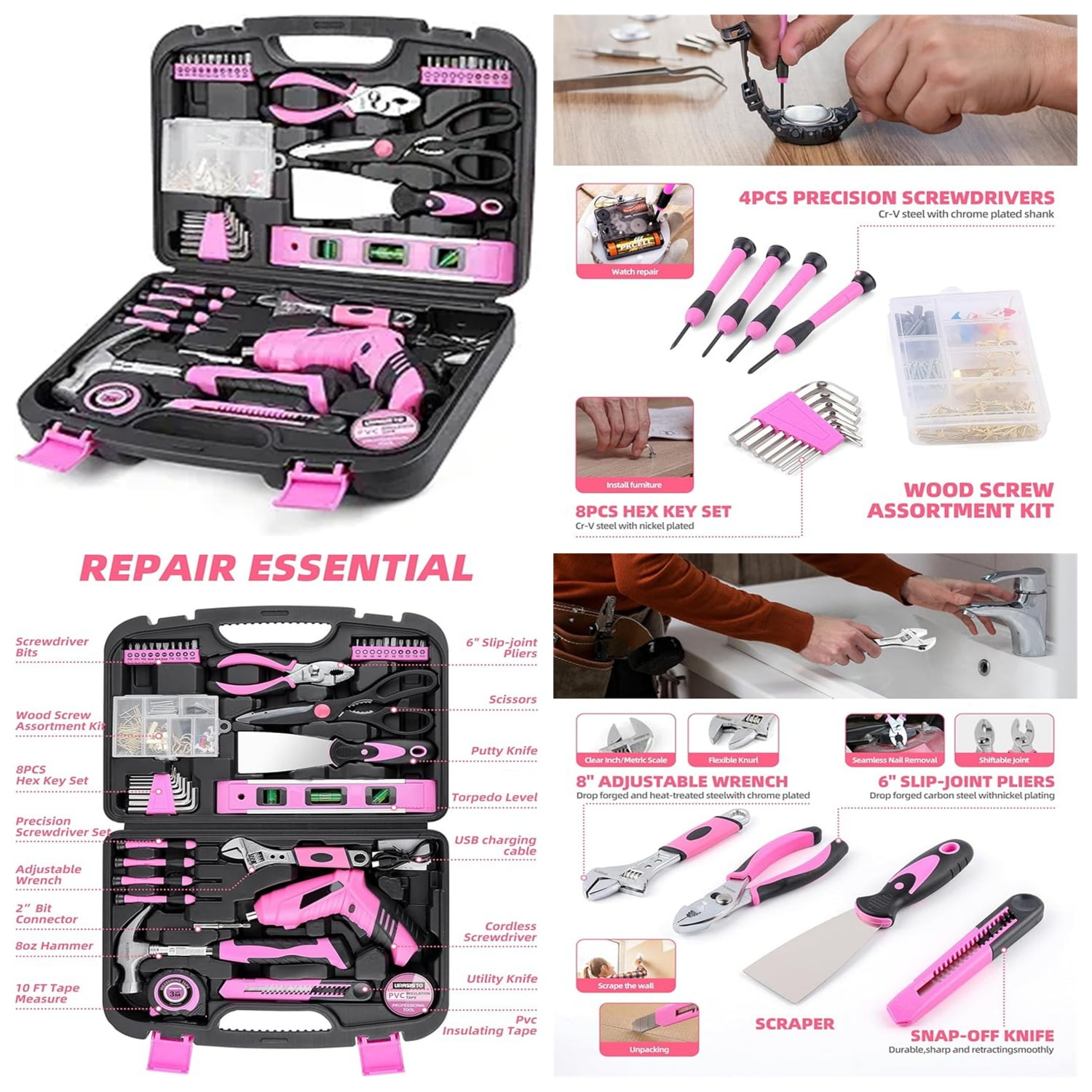 Free Shipping! HiSpec Pink 58pc Cordless Drill Set with 8V USB