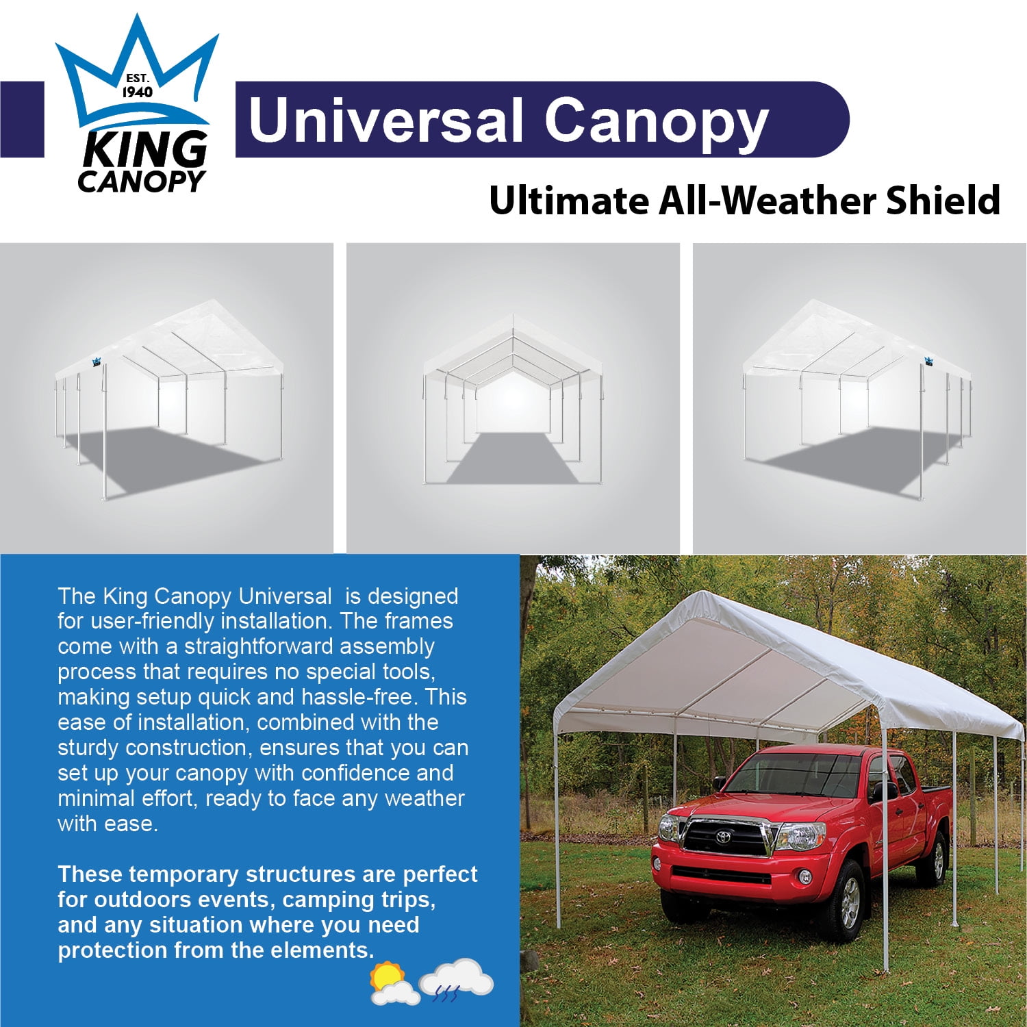 King Canopy Universal Canopy 12' x 20' , 1 3/8-Inch Powder Coated Steel Frame, 8 Leg, White