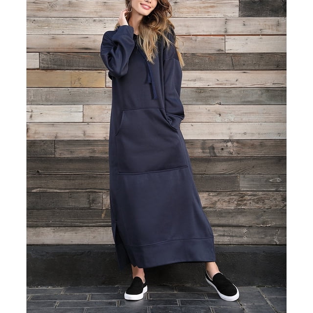 Vestido largo de punto suelto con capucha para mujer, vestidos casuales cálidos de felpa con bolsillo grande, Otoño e Invierno